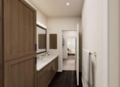 Thumbnail 14 of 48 - A bathroom with a white sink and brown wood cabinets.