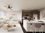 Thumbnail 12 of 48 - A modern living room with a white sofa, a wooden coffee table, and a ceiling fan.