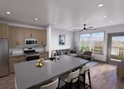 Thumbnail 2 of 21 - A modern kitchen with a dining table and chairs at Refinery at Pointe17 Apartments, Phoenix