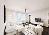 Thumbnail 33 of 48 - A modern living room with a white sofa and a black and white rug.