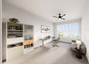 Thumbnail 26 of 48 - A living room with a grey carpet and a ceiling fan.