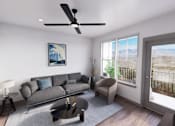 Thumbnail 19 of 21 - A living room with a grey sofa, a painting on the wall, and a balcony with a view of the outdoors at Refinery at Pointe17 Apartments, Phoenix, Arizona