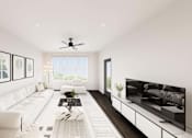 Thumbnail 23 of 48 - A modern living room with a white sofa, a coffee table, and a television.