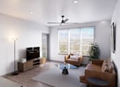 Thumbnail 18 of 21 - A modern living room with a television, a couch, a chair, and a potted plant at Refinery at Pointe17 Apartments, Phoenix, AZ