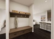 Thumbnail 41 of 48 - A hallway with a bench and a coat rack.