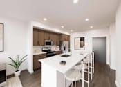 Thumbnail 21 of 45 - A modern kitchen with a white table and chairs.