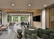 Thumbnail 28 of 32 - A modern living room with a wooden ceiling and a large window.