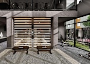 Thumbnail 27 of 32 - A modern interior with a large window covered with wooden slats.