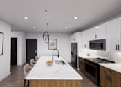 Thumbnail 20 of 21 - A modern kitchen with a marble island and pendant lighting at Refinery at Pointe17 Apartments, Phoenix