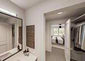 Thumbnail 10 of 32 - A well-lit, spacious bathroom with a large mirror and a walk-in closet.