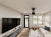 Thumbnail 9 of 32 - A modern living room with a white sofa and a large abstract painting on the wall.