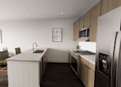 Thumbnail 15 of 16 - modern kitchen with a white island and stainless steel appliances at The Logan Luxury Apartments, Nampa, ID