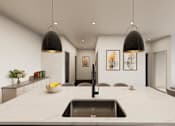 Thumbnail 3 of 35 - A modern kitchen with a marble countertop and pendant lights.