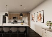Thumbnail 2 of 35 - A modern kitchen with a large island and chairs.
