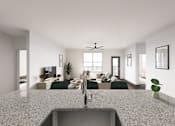 Thumbnail 14 of 16 - A modern kitchen with a granite countertop and a sink at The Logan Luxury Apartments, Idaho, 83651