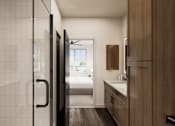 Thumbnail 8 of 35 - A modern bathroom with a walk-in shower and a toilet.