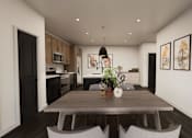 Thumbnail 4 of 35 - A modern dining room with a wooden table and chairs.