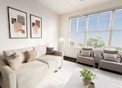 Thumbnail 6 of 35 - A living room with a white couch, two chairs, and two framed pictures on the wall.