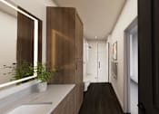 Thumbnail 30 of 35 - A modern bathroom with a dark wood floor and white walls.