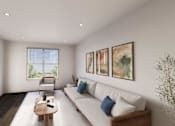 Thumbnail 26 of 35 - A living room with a white couch, a wooden coffee table, and three framed pictures on the wall.
