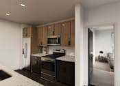 Thumbnail 27 of 35 - A modern kitchen with wooden cabinets and black appliances.