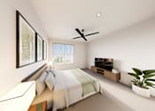 Thumbnail 32 of 35 - A bedroom with a bed, a ceiling fan, and a plant.