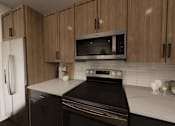 Thumbnail 23 of 35 - A kitchen with wooden cabinets and a black stove top oven.