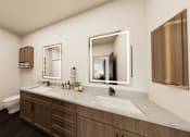 Thumbnail 31 of 35 - A modern bathroom with a large mirror and a white sink.