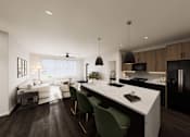 Thumbnail 32 of 48 - A modern kitchen with dark wood cabinets and a white island.