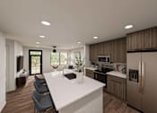 Thumbnail 11 of 32 - A modern kitchen with a white island and wooden cabinets.