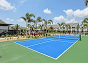 Thumbnail 13 of 62 - A blue tennis court surrounded by palm trees.