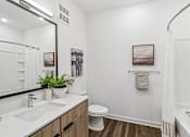 Thumbnail 51 of 124 - Modern bathroom with dual sink vanity and tub shower at Velara Luxury Apartments, Ponte Vedra Beach