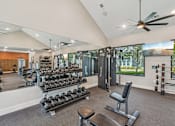 Thumbnail 31 of 68 - A spacious home gym with a variety of equipment including dumbbells, weight plates, and a bench press. at The Sophia, Venice, FL