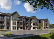 Thumbnail 4 of 4 - A large, modern building with a parking lot in front.