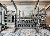 Thumbnail 47 of 59 - a gym with weights and balls on a rack at The Quarry Luxury Apartment Homes, Colorado, 80526