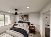 Thumbnail 19 of 32 - A bedroom with a large bed and a ceiling fan.