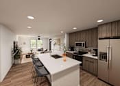 Thumbnail 21 of 32 - A modern kitchen with a long white island and stainless steel appliances.