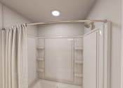 Thumbnail 29 of 32 - A white bathroom with a shower curtain and a shower head.