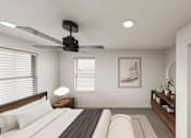 Thumbnail 25 of 32 - A bedroom with a bed, a ceiling fan, and a nightstand with a lamp.