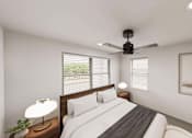 Thumbnail 24 of 32 - A bedroom with a bed, a ceiling fan, and a window with blinds.