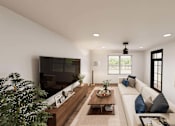 Thumbnail 26 of 32 - A modern living room with a white couch, a coffee table, and a large painting on the wall.