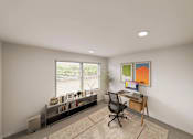Thumbnail 23 of 32 - A room with a desk, chair, and a window with blinds.