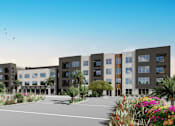Thumbnail 14 of 21 - A modern apartment complex with a driveway in front at Refinery at Pointe17 Apartments, Phoenix, Arizona