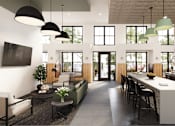 Thumbnail 3 of 11 - A modern kitchen and living room with a long table and chairs at The Pullman Luxury Apartment Homes, Atlanta, 30349