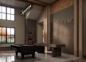 Thumbnail 15 of 24 - A billiard table is in the middle of a room with a large window.