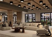 Thumbnail 7 of 48 - A modern living room with a large window and a view of trees outside.