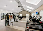 Thumbnail 5 of 20 - A gym with treadmills, weights, and exercise equipment.