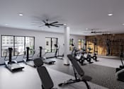 Thumbnail 3 of 21 - A gym with a variety of equipment including treadmills, stationary bikes, and weight machines at Refinery at Pointe17 Apartments, Phoenix, AZ