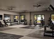 Thumbnail 11 of 48 - A spacious gym with a variety of equipment and a checkered floor.