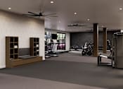 Thumbnail 17 of 35 - A modern gym with a variety of equipment including treadmills, weights, and a bench press.